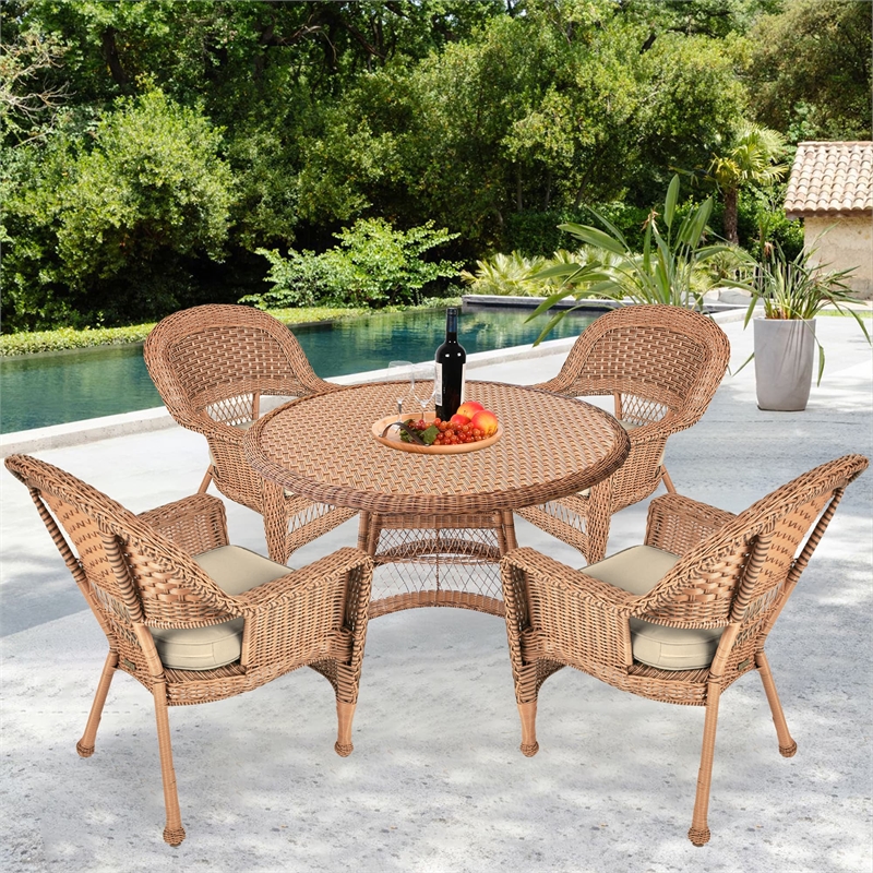 Jeco 5 Piece Wicker Patio Dining Set in Honey and Tan