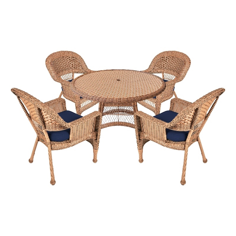 Jeco 5 Piece Wicker Patio Dining Set in Honey and Blue