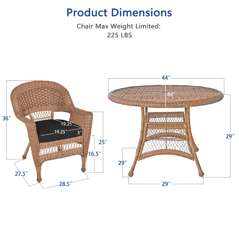 Jeco 5 Piece Resin Wicker Outdoor Patio Dining Set in Honey with Black Cushion
