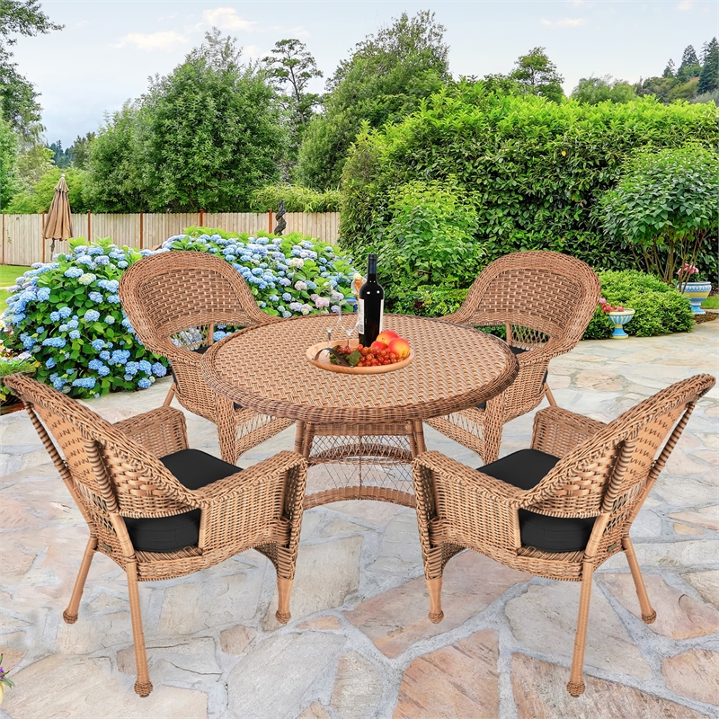 Jeco 5 Piece Resin Wicker Outdoor Patio Dining Set in Honey with Black Cushion