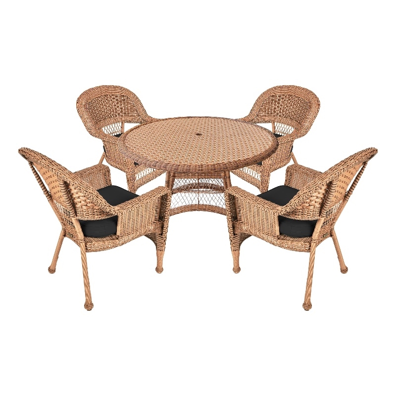 Jeco 5 Piece Resin Wicker Outdoor Patio Dining Set in Honey with Black Cushion