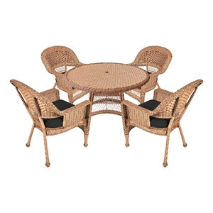 Jeco 5 Piece Resin Wicker Outdoor Patio Dining Set in Honey with Black Cushion