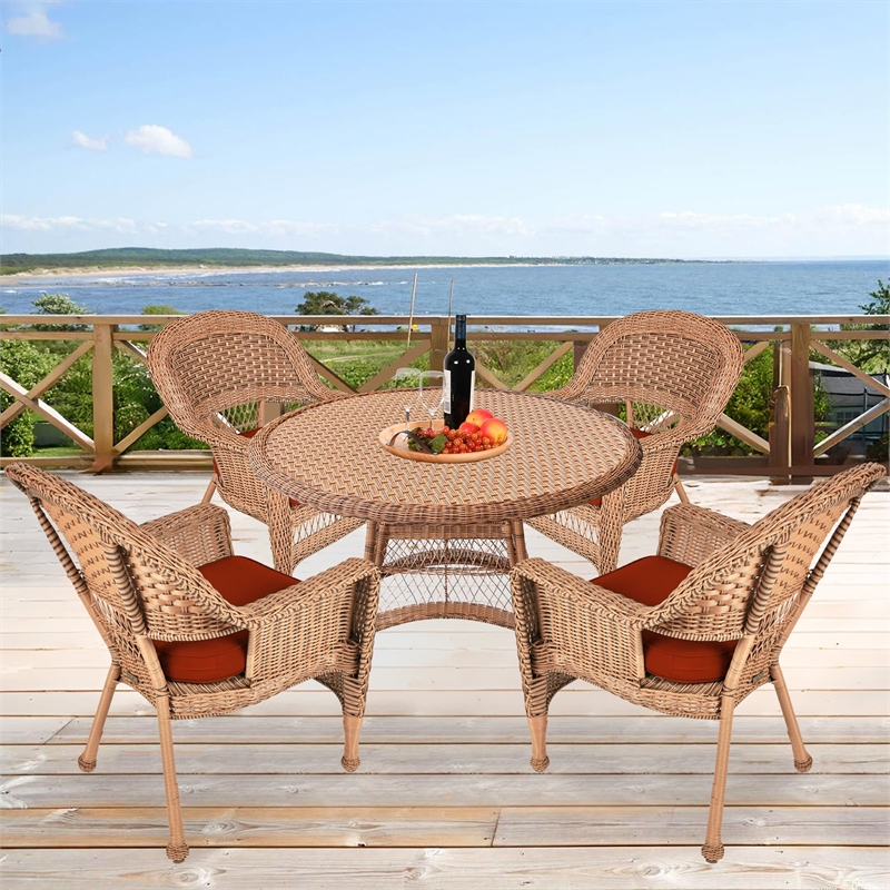 Jeco 5 Piece Wicker Patio Dining Set in Honey and Red