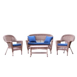 Jeco 4pc Wicker Conversation Set in Honey with Navy Blue Cushions