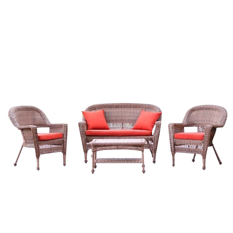 Jeco 4pc Wicker Conversation Set in Honey with Red Orange Cushions
