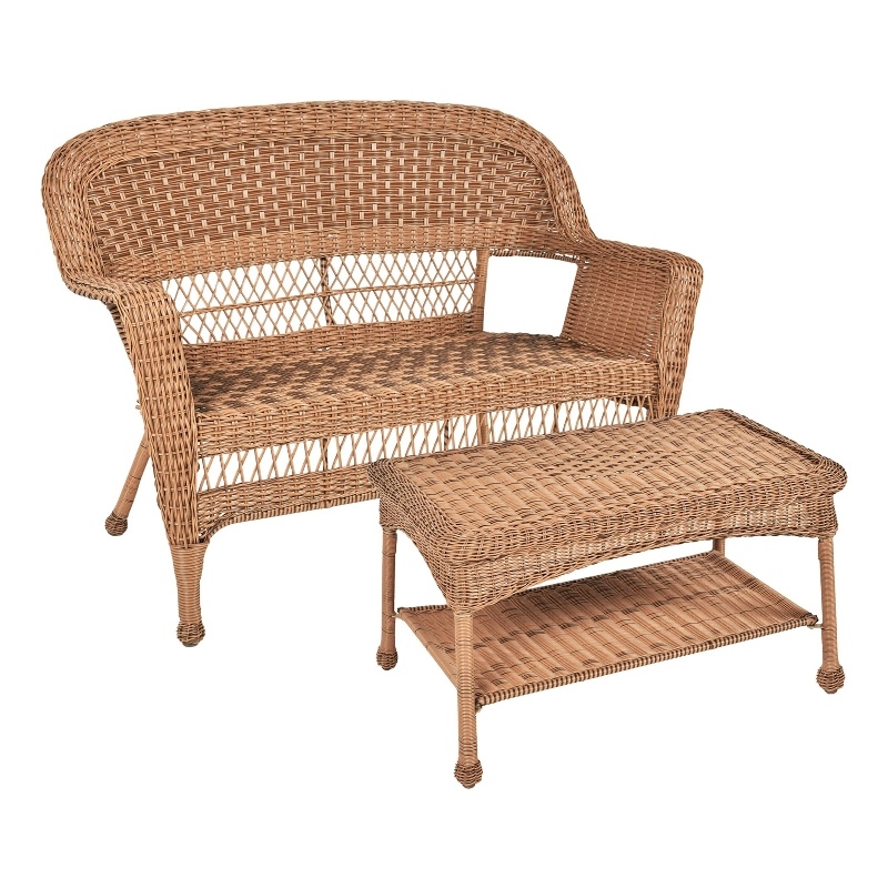 Jeco Wicker Patio Love Seat and Coffee Table Set in Honey without Cushion