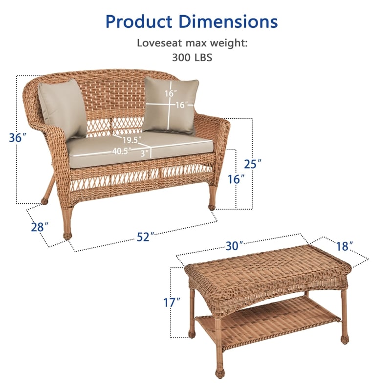Jeco Wicker Patio Love Seat and Coffee Table Set in Honey with Tan Cushion