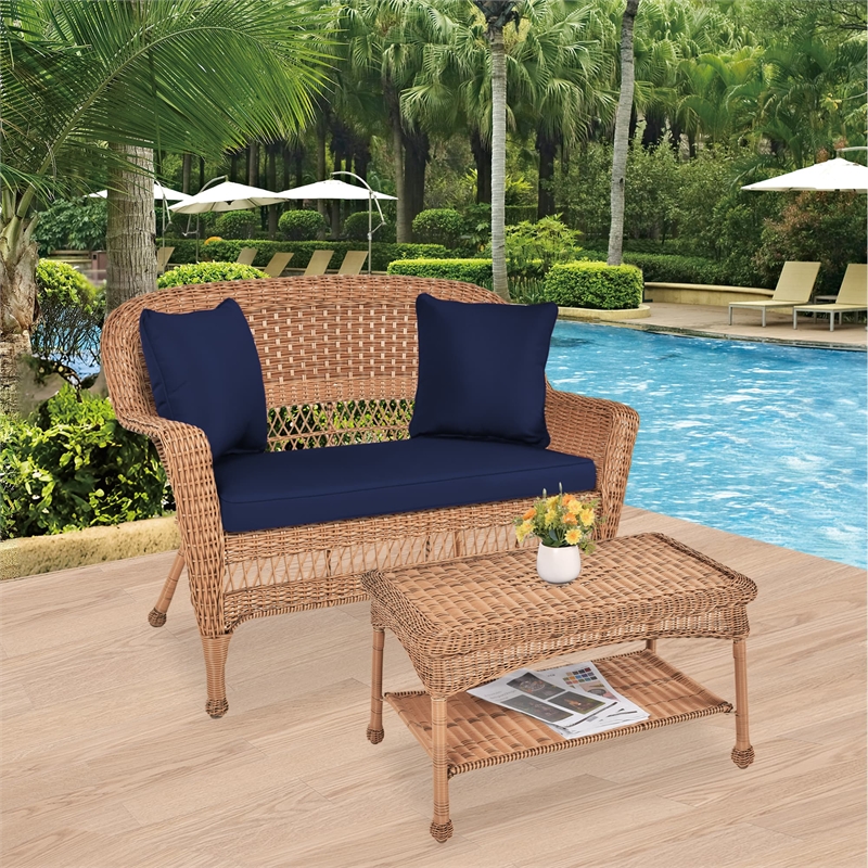 Jeco Wicker Patio Love Seat and Coffee Table Set in Honey with Blue Cushion