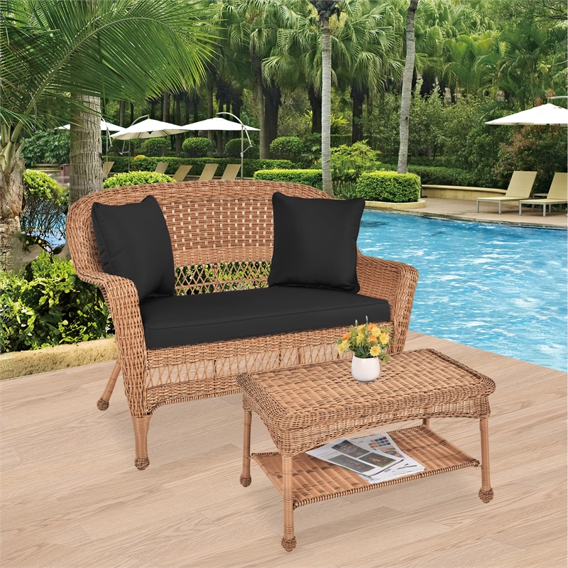 Jeco Wicker Patio Love Seat and Coffee Table Set in Honey with Black Cushion