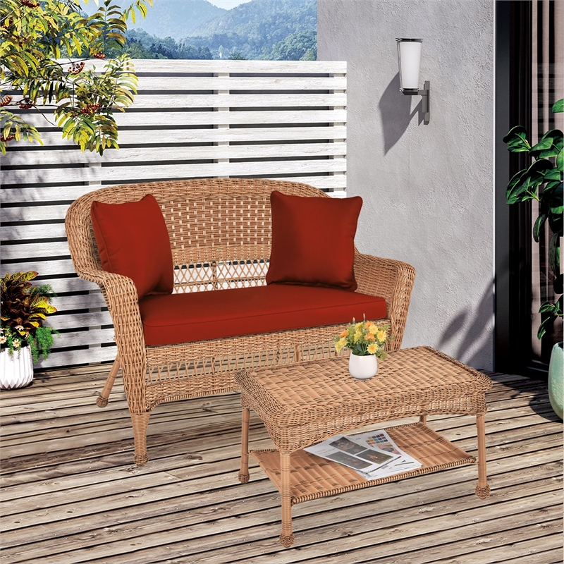 Jeco Wicker Patio Love Seat and Coffee Table Set in Honey