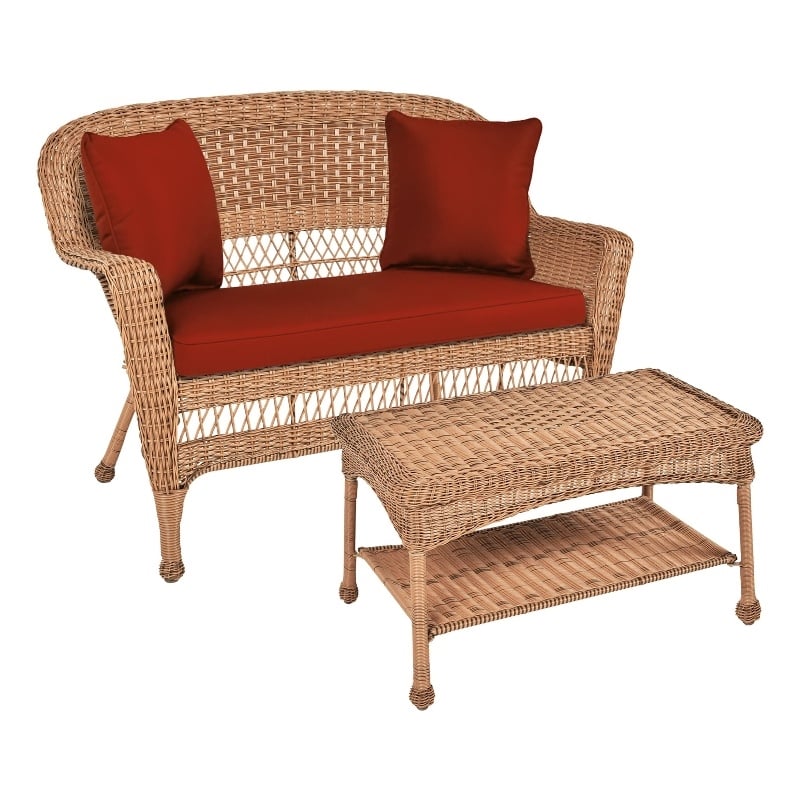Jeco Wicker Patio Love Seat and Coffee Table Set in Honey