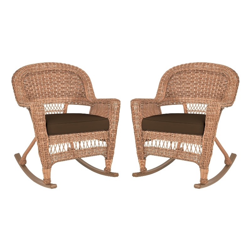 Jeco Wicker Rocker Chair in Honey with Brown Cushion (Set of 2)