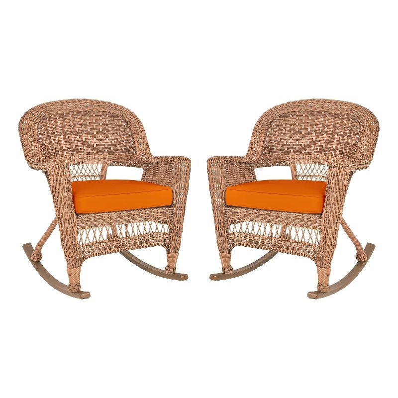 Jeco Wicker Rocker Chair in Honey with Orange Cushion (Set of 2)