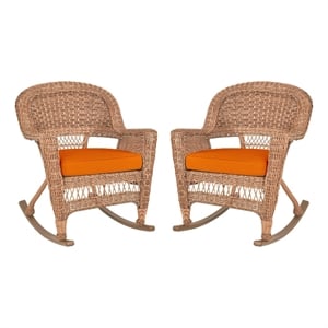 Jeco Wicker Rocker Chair in Honey with Orange Cushion (Set of 2)