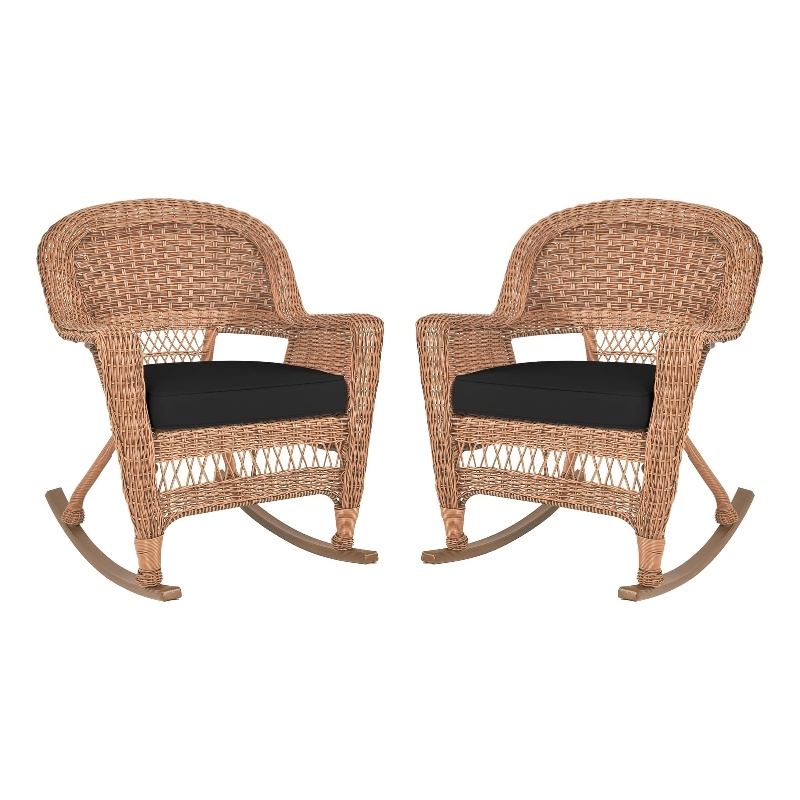 Jeco Wicker Rocker Chair in Honey with Black Cushion (Set of 2)