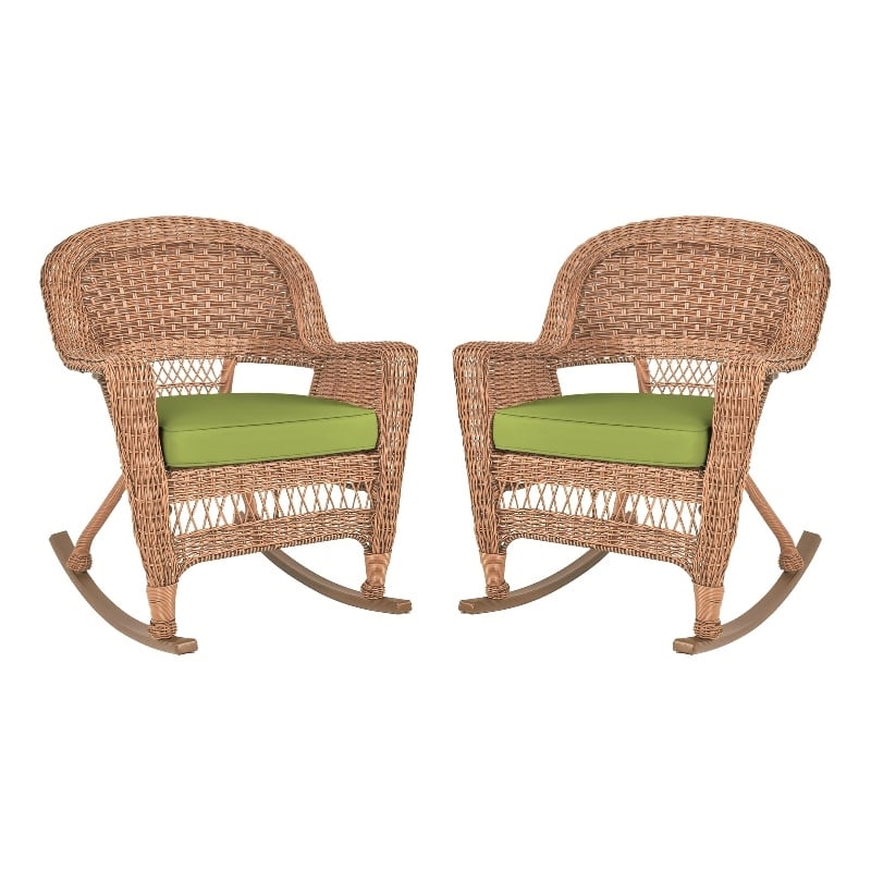Jeco Wicker Rocker Chair in Honey with Green Cushion (Set of 2)