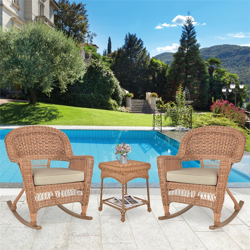 Jeco 3pc Wicker Rocker Chair Set in Honey with Tan Cushion