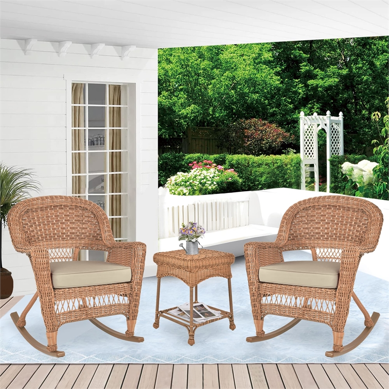 Jeco 3pc Wicker Rocker Chair Set in Honey with Tan Cushion