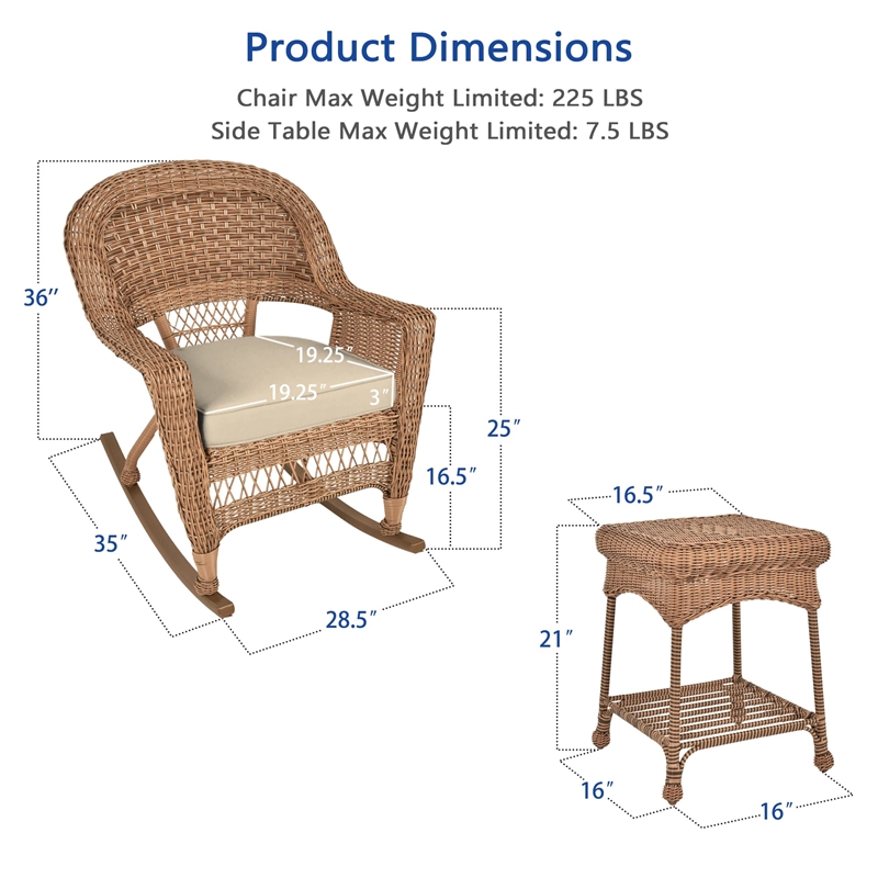 Jeco 3pc Wicker Rocker Chair Set in Honey with Tan Cushion