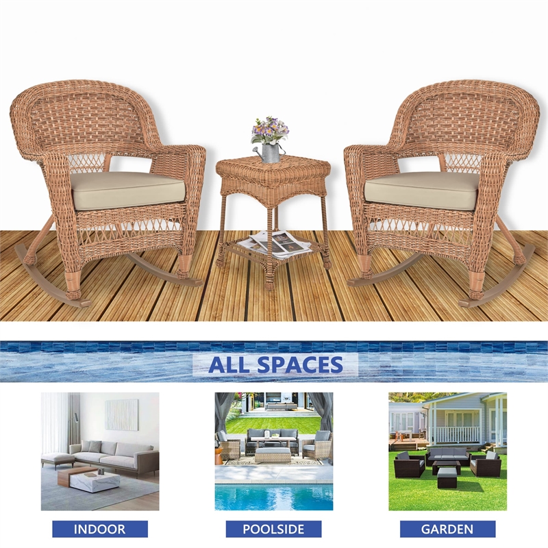 Jeco 3pc Wicker Rocker Chair Set in Honey with Tan Cushion
