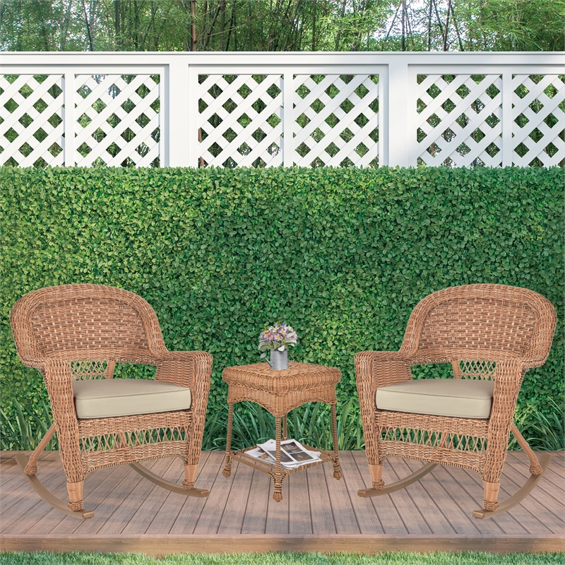 Jeco 3pc Wicker Rocker Chair Set in Honey with Tan Cushion