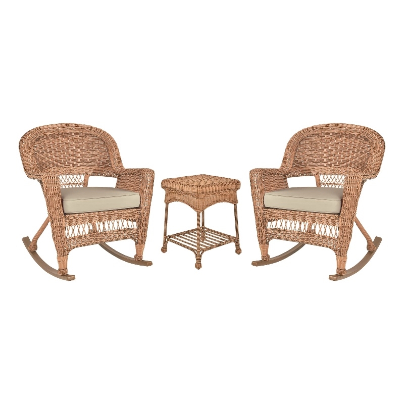 Jeco 3pc Wicker Rocker Chair Set in Honey with Tan Cushion