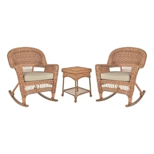 Jeco 3pc Wicker Rocker Chair Set in Honey with Tan Cushion