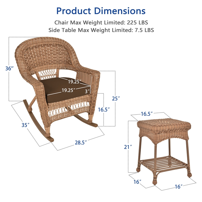 Jeco 3pc Wicker Rocker Chair Set in Honey with Brown Cushion