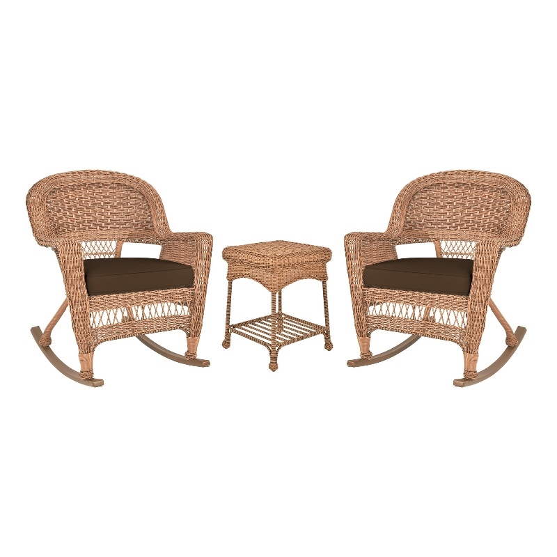 Jeco 3pc Wicker Rocker Chair Set in Honey with Brown Cushion