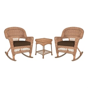 Jeco 3pc Wicker Rocker Chair Set in Honey with Brown Cushion