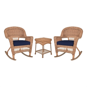 Jeco 3pc Wicker Rocker Chair Set in Honey with Blue Cushion