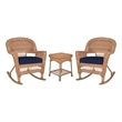 Jeco 3pc Wicker Rocker Chair Set in Honey with Blue Cushion