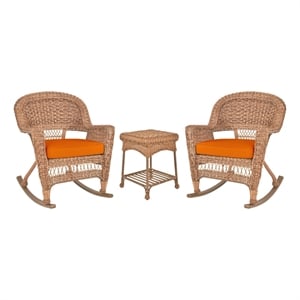 Jeco 3pc Wicker Rocker Chair Set in Honey with Orange Cushion