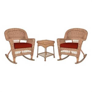 Jeco 3pc Wicker Rocker Chair Set in Honey with Red Cushion