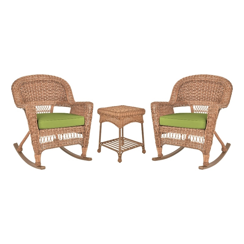 Jeco 3pc Wicker Rocker Chair Set in Honey with Green Cushion
