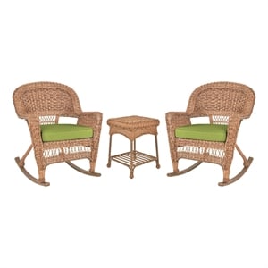Jeco 3pc Wicker Rocker Chair Set in Honey with Green Cushion