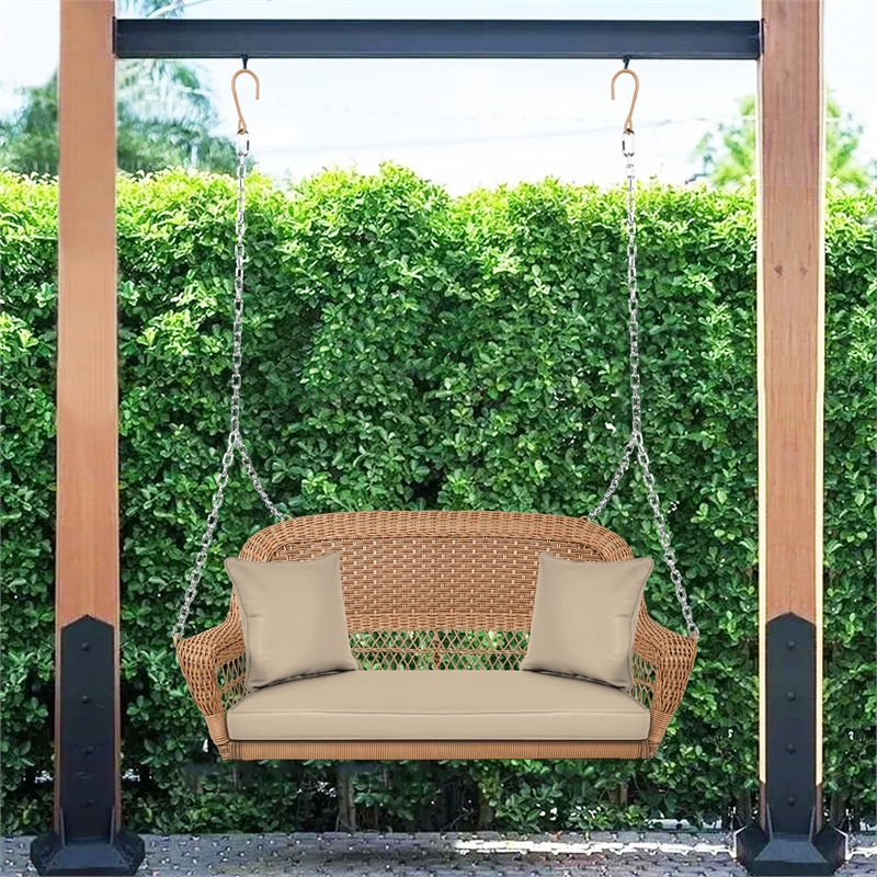 Jeco Honey Resin Wicker Hanging Porch Swing with Cushion in Honey/Tan