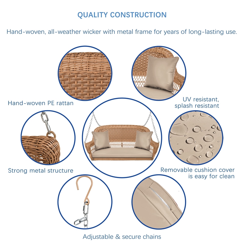 Jeco Honey Resin Wicker Hanging Porch Swing with Cushion in Honey/Tan
