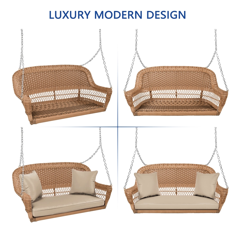 Jeco Honey Resin Wicker Hanging Porch Swing with Cushion in Honey/Tan