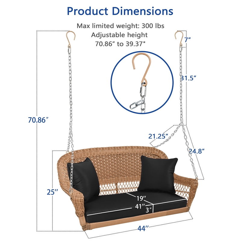 Jeco Honey Resin Wicker Hanging Porch Swing with Cushion in Black