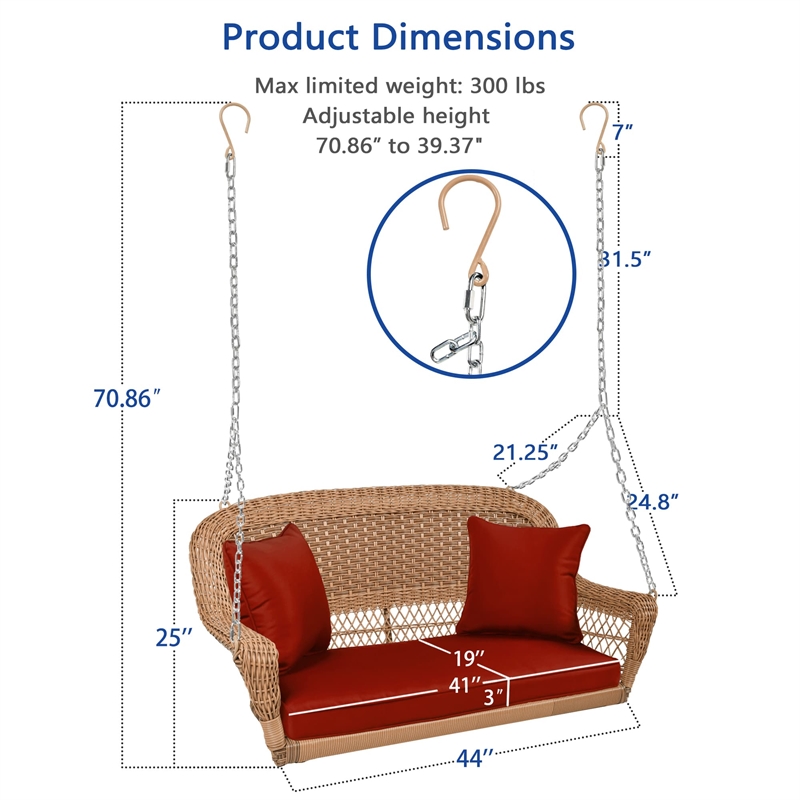 Jeco Honey Resin Wicker Hanging Porch Swing with Cushion in Red