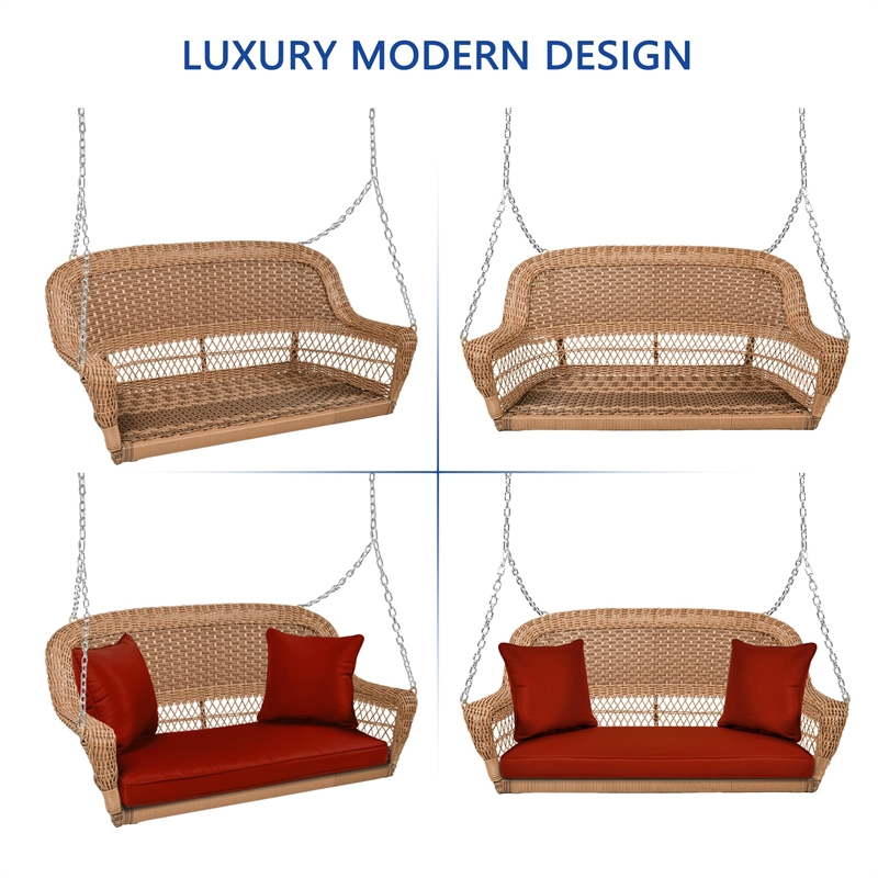 Jeco Honey Resin Wicker Hanging Porch Swing with Cushion in Red