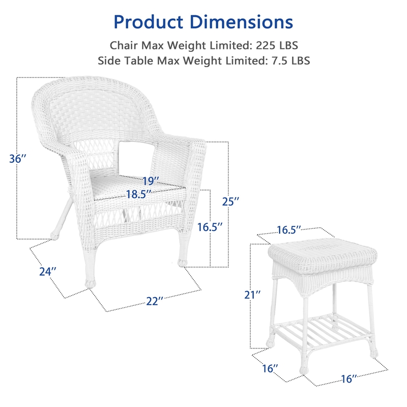 Jeco 3 Piece Wicker Conversation Set in White without Cushion