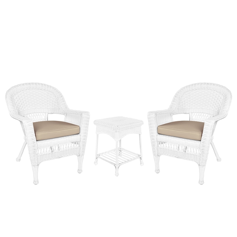 Jeco 3 Piece Wicker Conversation Set in White with Tan Cushions