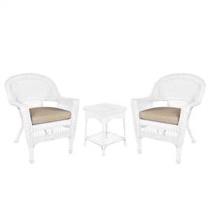 Jeco 3 Piece Wicker Conversation Set in White with Tan Cushions