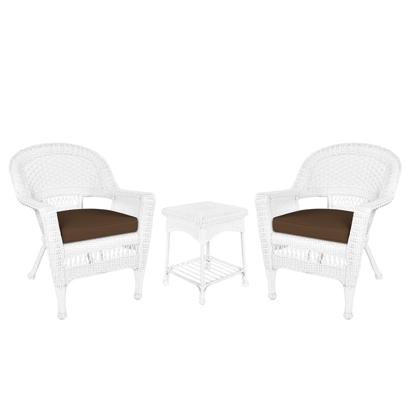 Jeco 3 Piece Wicker Conversation Set in White with Brown Cushions