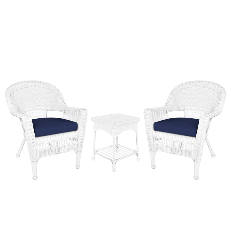 Jeco 3 Piece Wicker Conversation Set in White with Blue Cushions