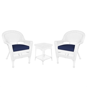 Jeco 3 Piece Wicker Conversation Set in White with Blue Cushions