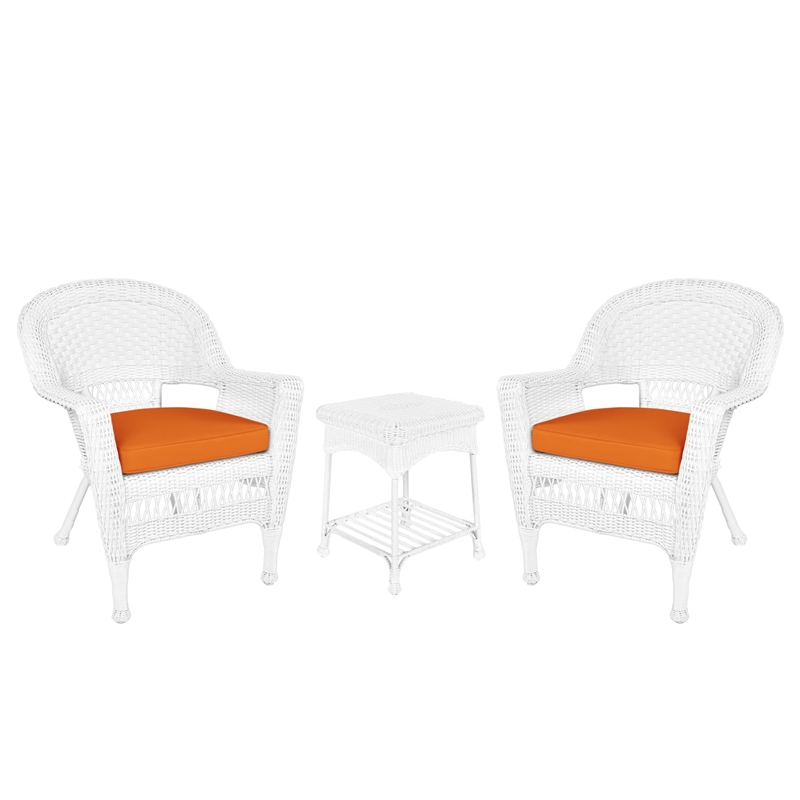 Jeco 3 Piece Wicker Conversation Set in White with Orange Cushions