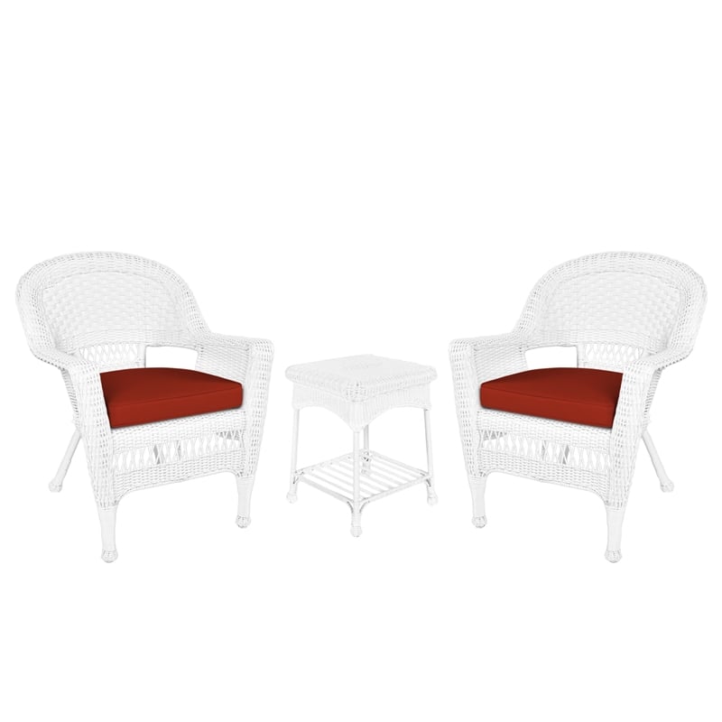 Jeco 3 Piece Wicker Conversation Set in White with Red Orange Cushions